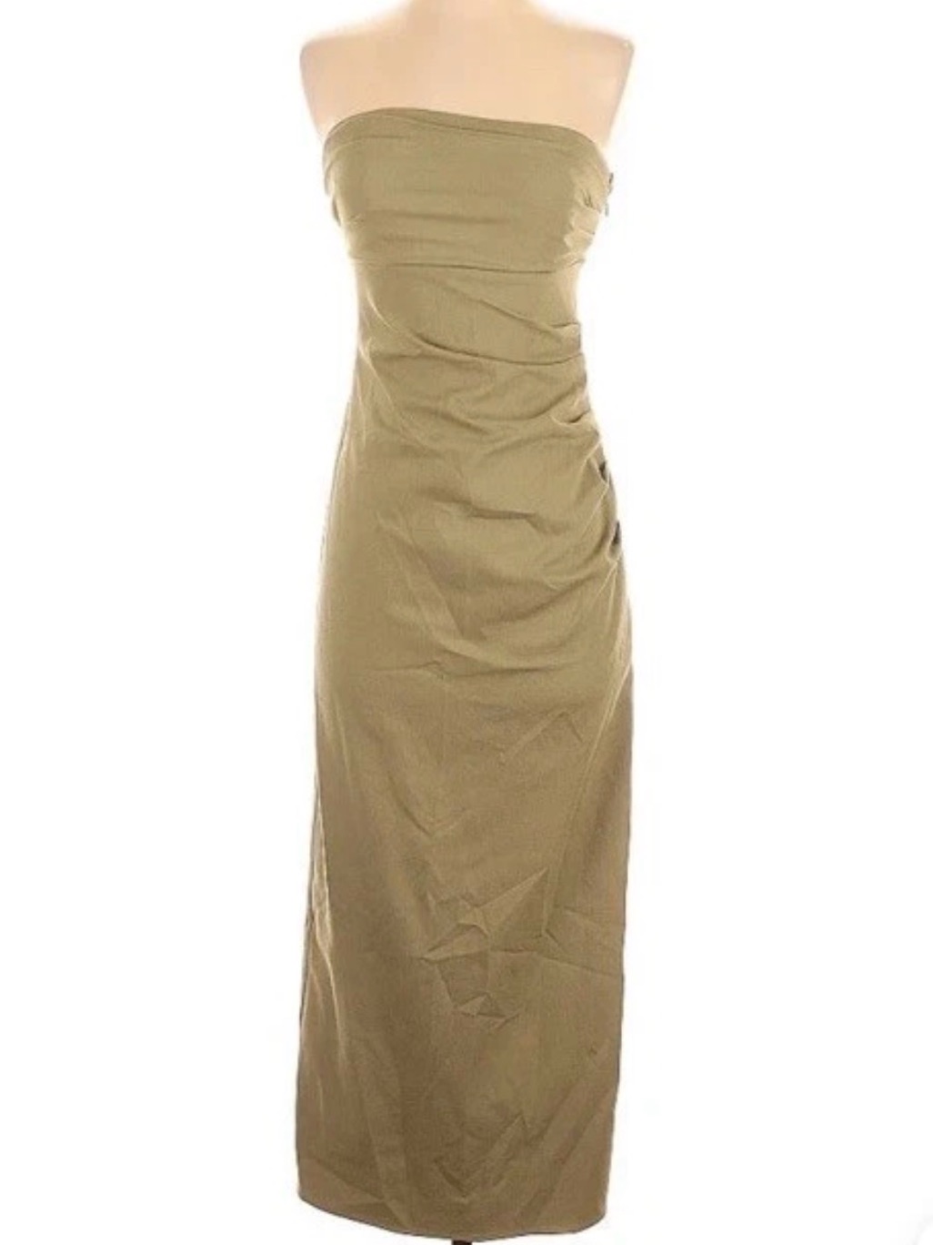 Zara Green Linen Blend Ruched Strapless Midi Dress - S